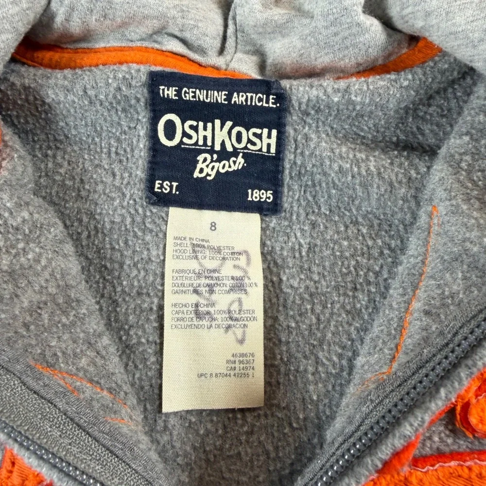 OshKosh Bgosh Boys Grey Fleece Full Zip Hoodie Orange Logo Size 8
